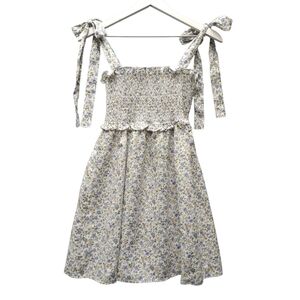 Reformation Dawson Linen Floral Smocked Dress with Tie Straps In Pixie Blue